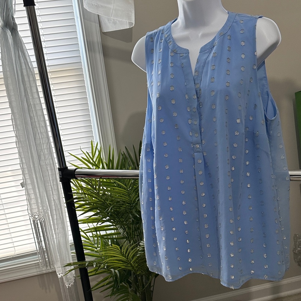 crown & ivy Light Blue Sleeveless Metallic Dot V-Neck blouse. Gorgeous!